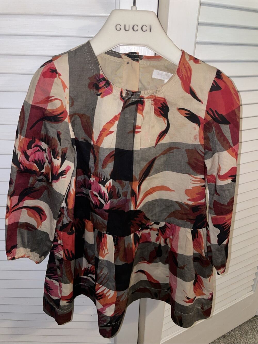 Burberry Girls Dress 2Y Multicolor Floral Plaid Check Long Sleeve Cotton B71